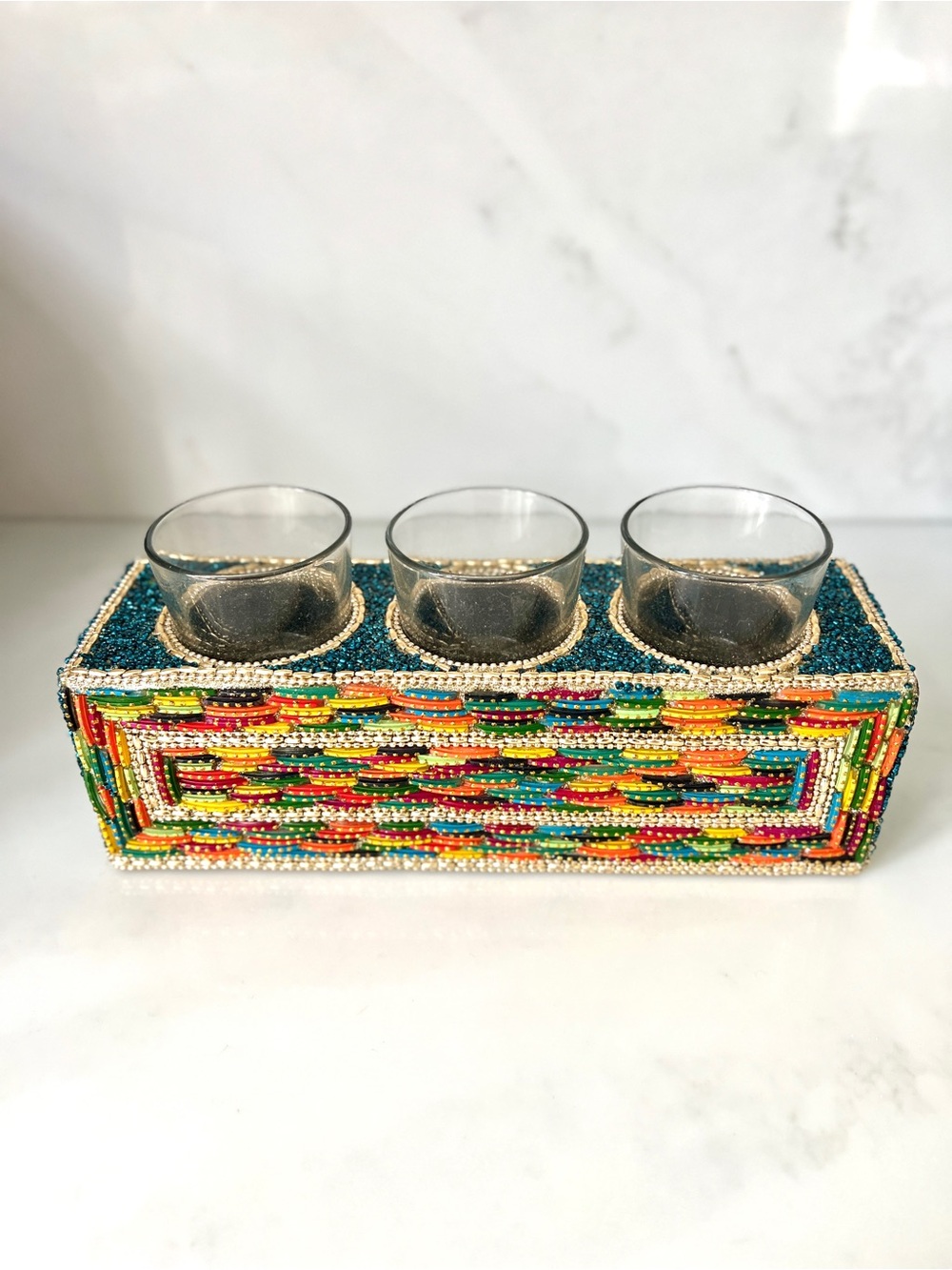 Artisan Handwrought Glass Bangle Tea Light Candle Holder 3-Cup Beaded Mosaic